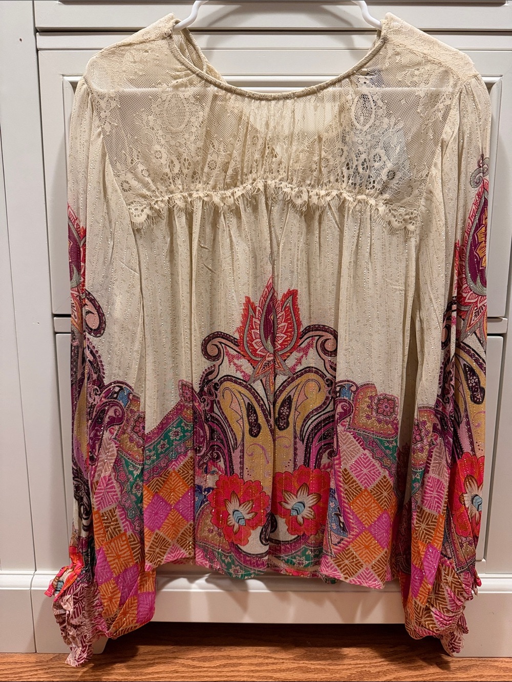 Cream Bohemian Lace Yoke Peasant Blouse with Multicolor Floral Print